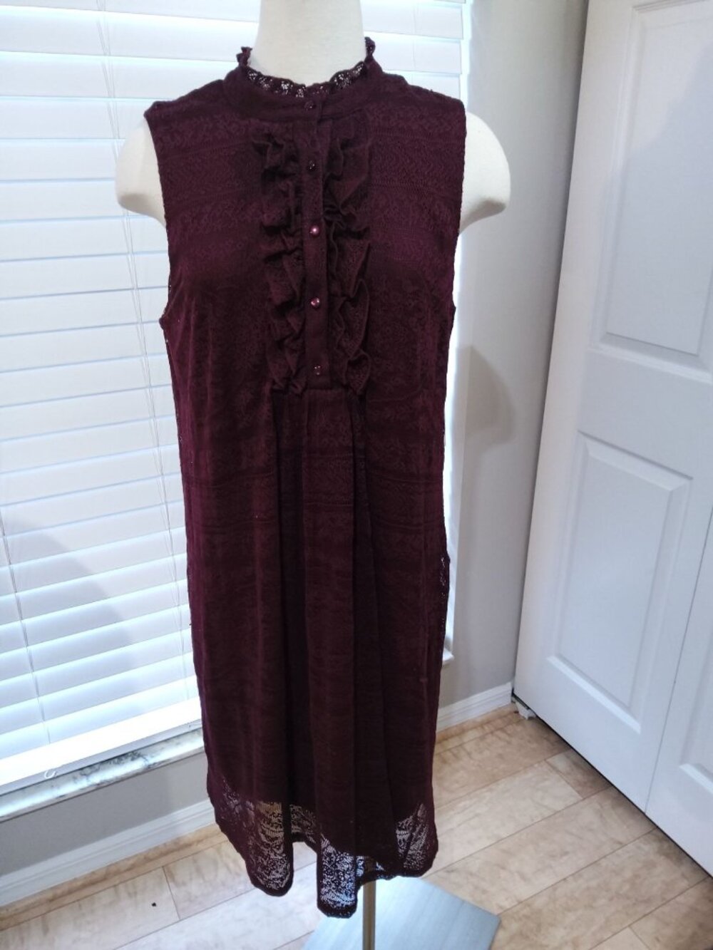 A.N.A Womens Sleeveless Burgundy High-Neck Lace Dress Size 16 With Ruffle Detail